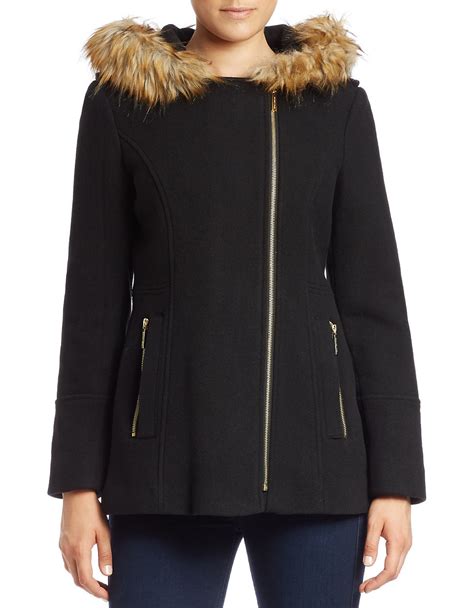 michael michael kors faux-fur-trim asymmetrical coat